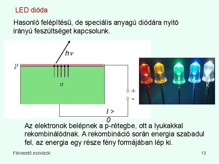 LED dióda Hasonló felépítésű, de speciális anyagú diódára nyitó irányú feszültséget kapcsolunk. h I>