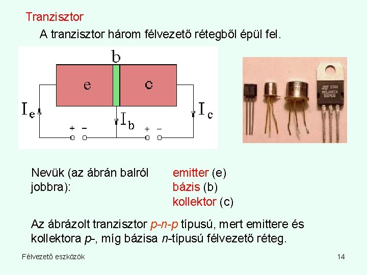 Tranzisztor A tranzisztor három félvezető rétegből épül fel. Nevük (az ábrán balról jobbra): emitter