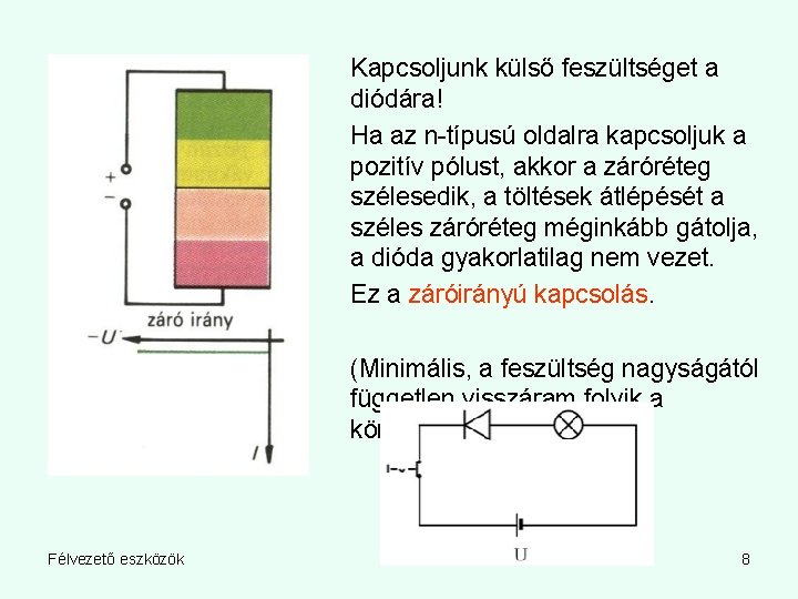 Kapcsoljunk külső feszültséget a diódára! Ha az n-típusú oldalra kapcsoljuk a pozitív pólust, akkor