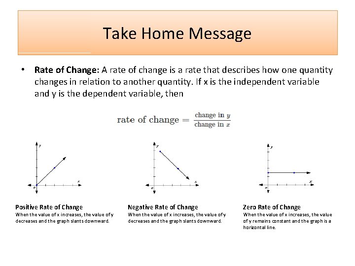 Take Home Message • Rate of Change: A rate of change is a rate