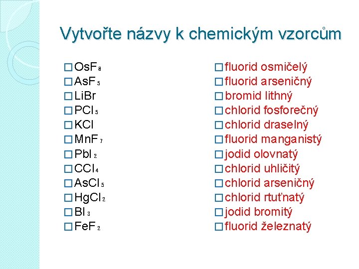 Vytvořte názvy k chemickým vzorcům � Os. F₈ � As. F₅ � Li. Br