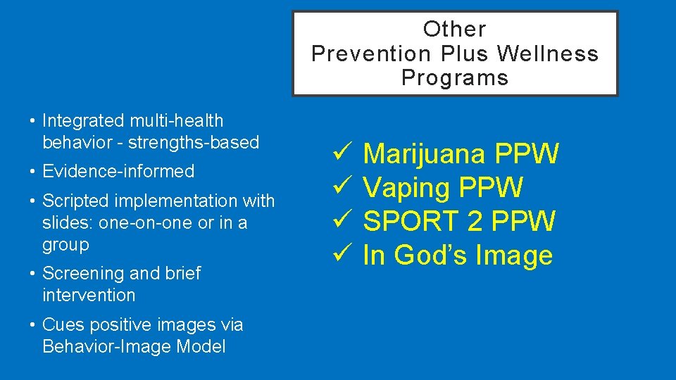 Other Prevention Plus Wellness Programs • Integrated multi-health behavior - strengths-based • Evidence-informed •