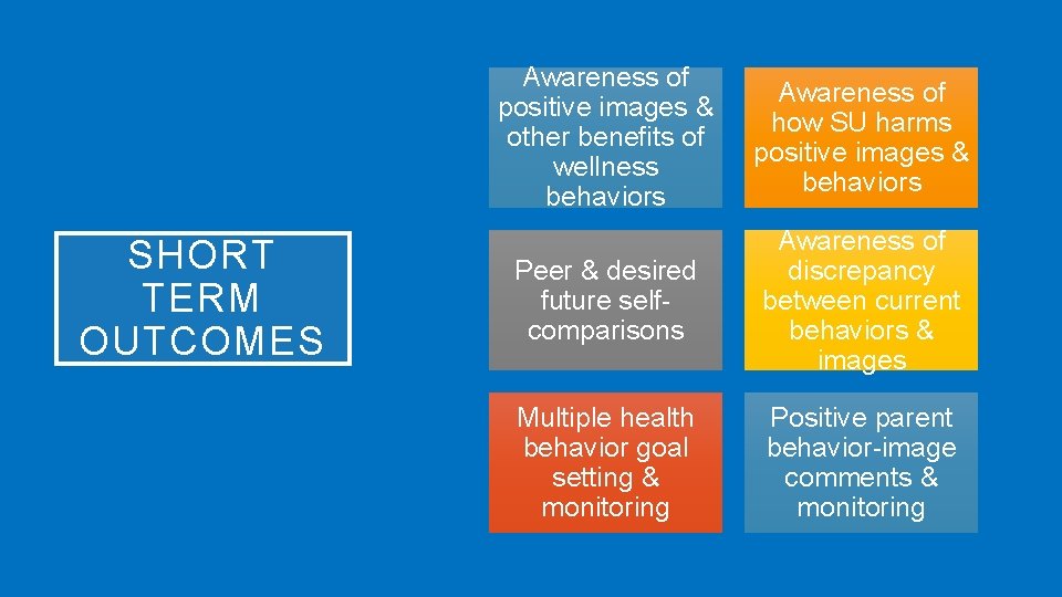 SHORT TERM OUTCOMES Awareness of positive images & other benefits of wellness behaviors Awareness