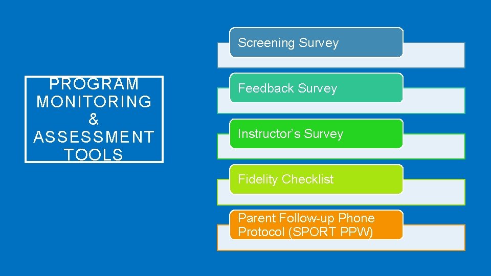 Screening Survey PROGRAM MONITORING & ASSESSMENT TOOLS Feedback Survey Instructor’s Survey Fidelity Checklist Parent