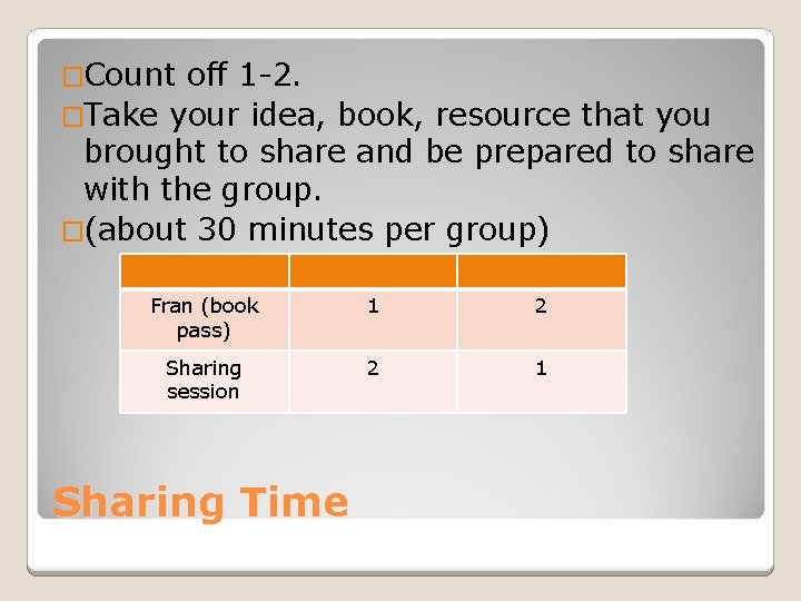 �Count off 1 -2. �Take your idea, book, resource that you brought to share