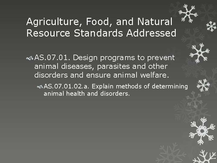 Agriculture, Food, and Natural Resource Standards Addressed AS. 07. 01. Design programs to prevent