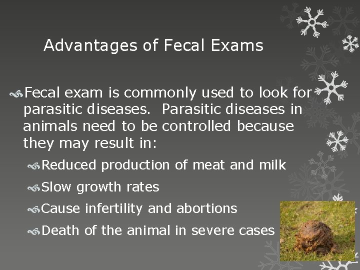 Advantages of Fecal Exams Fecal exam is commonly used to look for parasitic diseases.