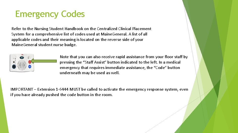 Emergency Codes Refer to the Nursing Student Handbook on the Centralized Clinical Placement System