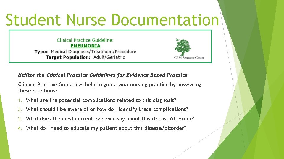 Student Nurse Documentation Utilize the Clinical Practice Guidelines for Evidence Based Practice Clinical Practice