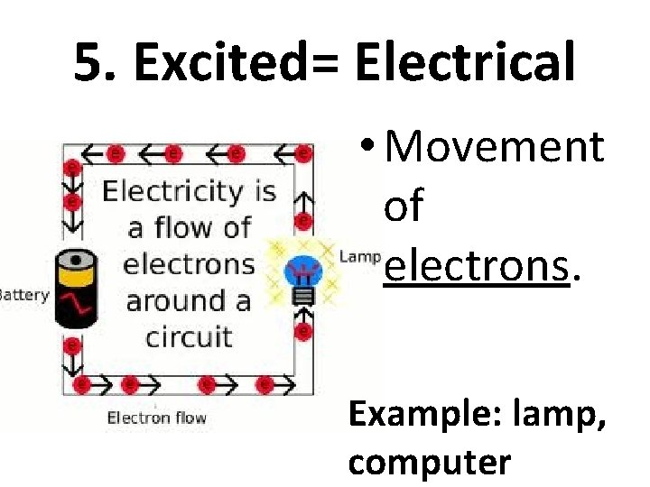 5. Excited= Electrical • Movement of electrons. Example: lamp, computer 