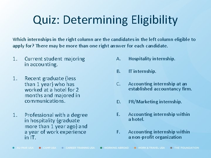 Quiz: Determining Eligibility Which internships in the right column are the candidates in the