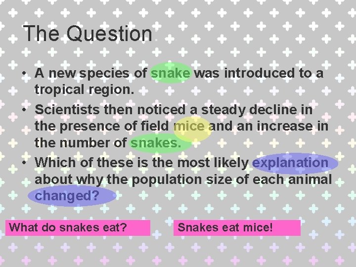 The Question: • A new species of snake was introduced to a tropical region.