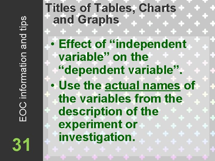 EOC information and tips 31 Titles of Tables, Charts and Graphs • Effect of