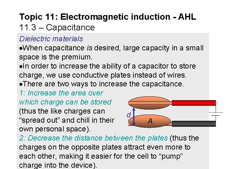 Topic 11: Electromagnetic induction - AHL 11. 3 – Capacitance Dielectric materials When capacitance