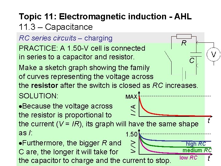 Topic 11: Electromagnetic induction - AHL 11. 3 – Capacitance V/V I/A RC series