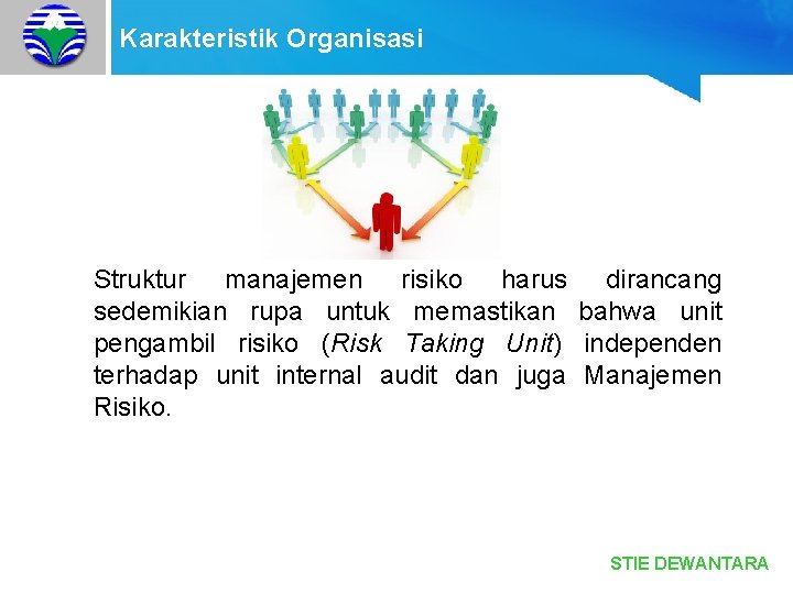 Karakteristik Organisasi Struktur manajemen risiko harus dirancang sedemikian rupa untuk memastikan bahwa unit pengambil