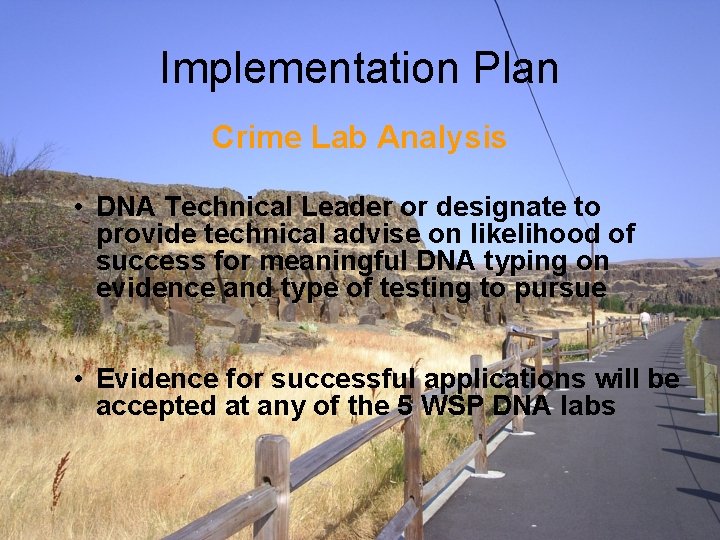 Implementation Plan Crime Lab Analysis • DNA Technical Leader or designate to provide technical