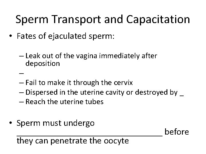 Sperm Transport and Capacitation • Fates of ejaculated sperm: – Leak out of the