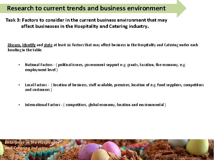 Research to current trends and business environment Task 3: Factors to consider in the