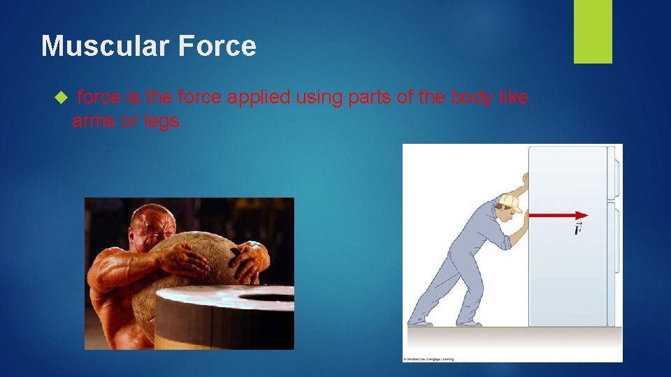 Muscular Force force is the force applied using parts of the body like arms