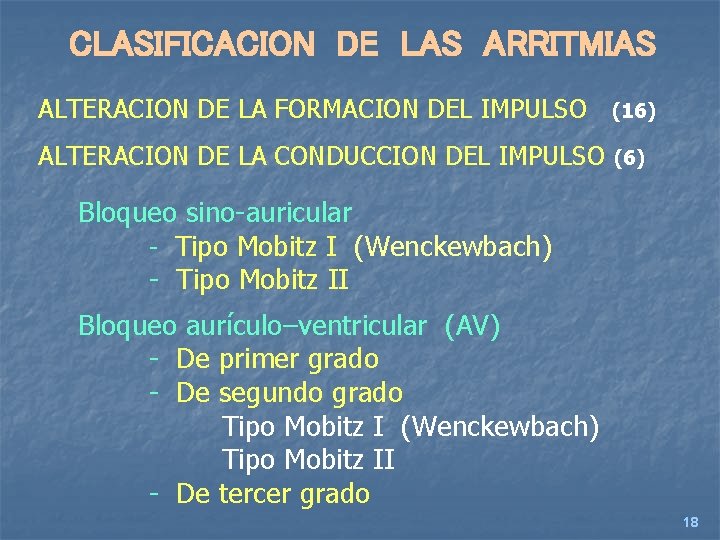 CLASIFICACION DE LAS ARRITMIAS ALTERACION DE LA FORMACION DEL IMPULSO (16) ALTERACION DE LA