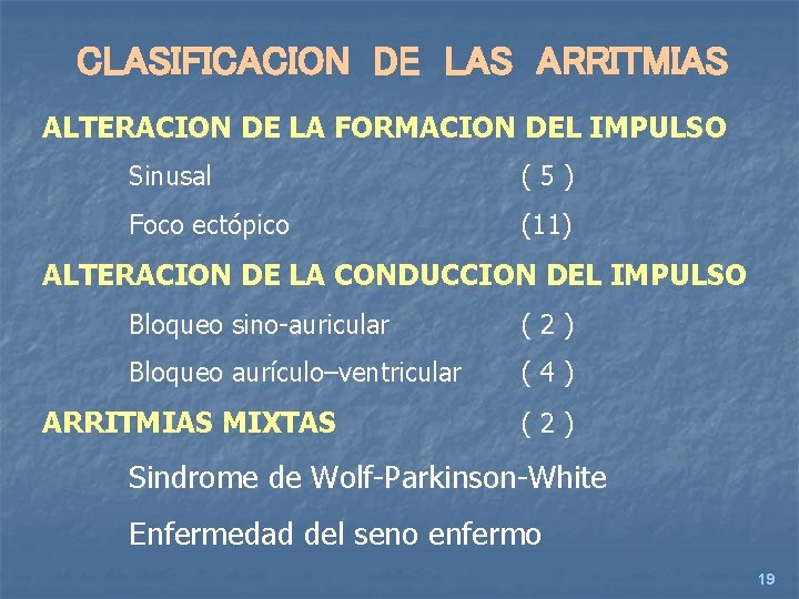 CLASIFICACION DE LAS ARRITMIAS ALTERACION DE LA FORMACION DEL IMPULSO Sinusal (5) Foco ectópico