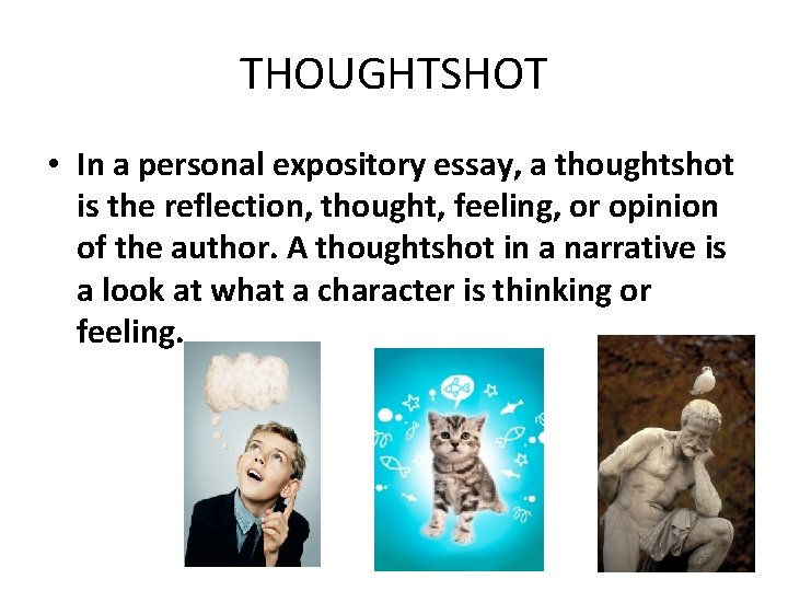 THOUGHTSHOT • In a personal expository essay, a thoughtshot is the reflection, thought, feeling,