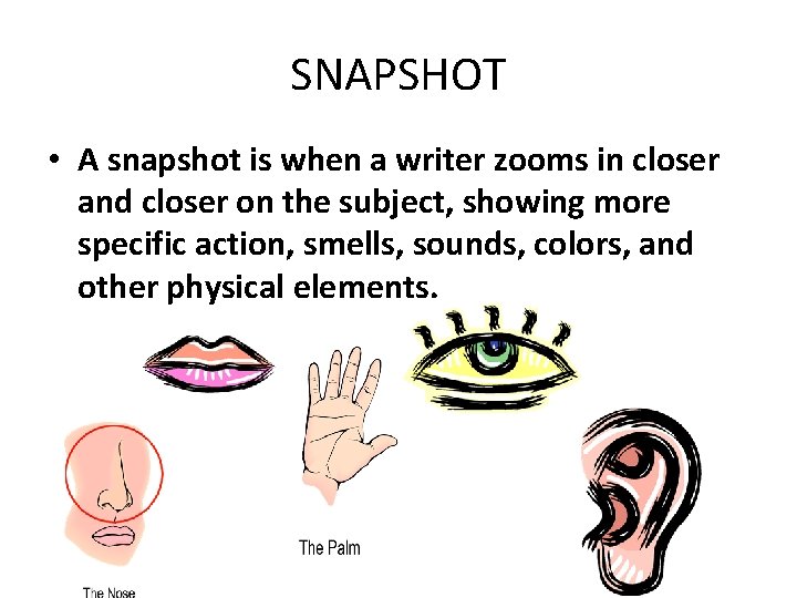 SNAPSHOT • A snapshot is when a writer zooms in closer and closer on