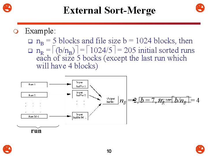  External Sort-Merge m Example: q n. B = 5 blocks and file size