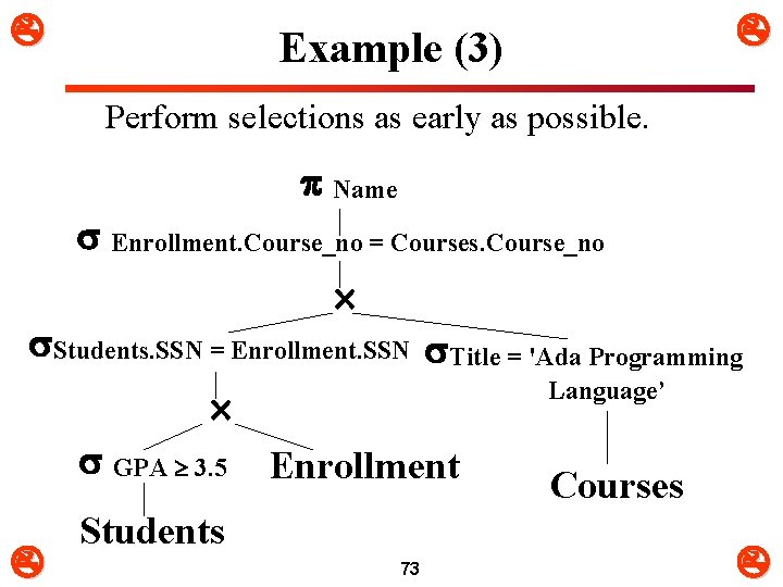  Example (3) Perform selections as early as possible. Name Enrollment. Course_no = Courses.