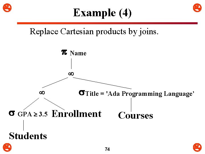  Example (4) Replace Cartesian products by joins. Name Title = 'Ada Programming Language’