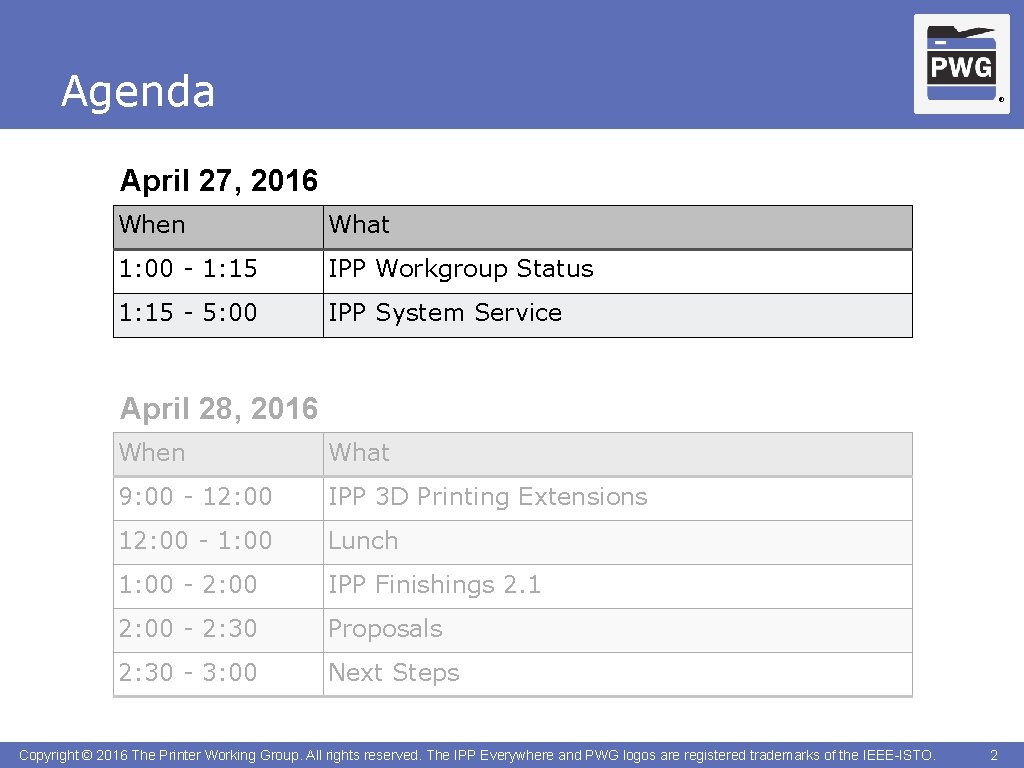 Agenda ® April 27, 2016 When What 1: 00 - 1: 15 IPP Workgroup