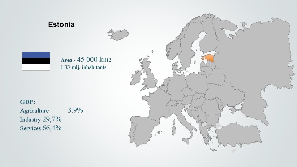 Estonia Area - 45 000 km 2 1. 33 mlj. inhabitants GDP: Agriculture Industry