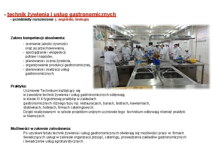 - technik żywienia i usług gastronomicznych – przedmioty rozszerzone: j. angielski, biologia Zakres kompetencji