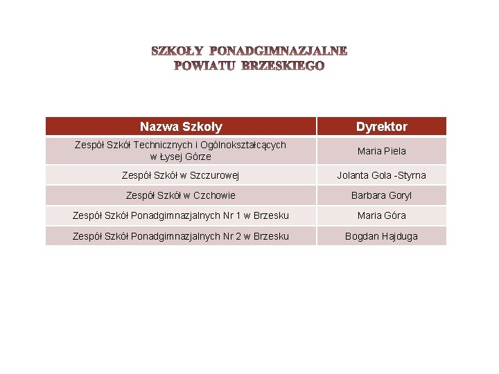 Nazwa Szkoły Dyrektor Zespół Szkół Technicznych i Ogólnokształcących w Łysej Górze Maria Piela Zespół