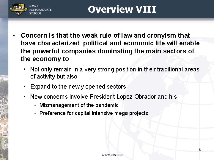 Overview VIII • Concern is that the weak rule of law and cronyism that