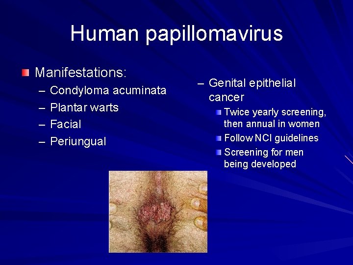 Human papillomavirus Manifestations: – – Condyloma acuminata Plantar warts Facial Periungual – Genital epithelial