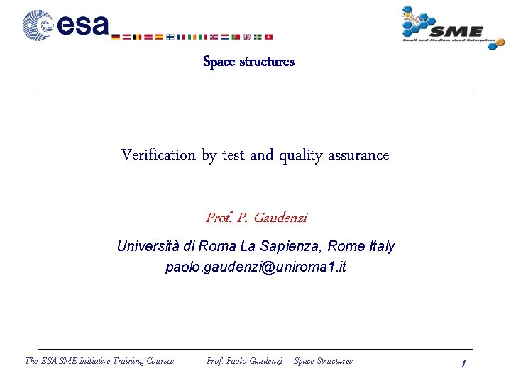 Space structures Verification by test and quality assurance Prof. P. Gaudenzi Università di Roma