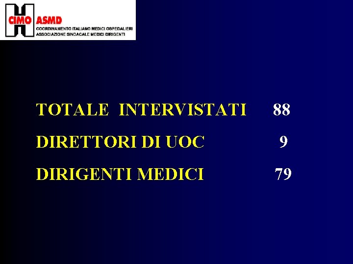 TOTALE INTERVISTATI 88 DIRETTORI DI UOC 9 DIRIGENTI MEDICI 79 