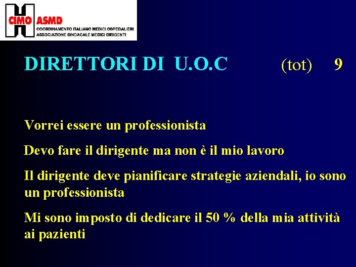 DIRETTORI DI U. O. C (tot) 9 Vorrei essere un professionista Devo fare il