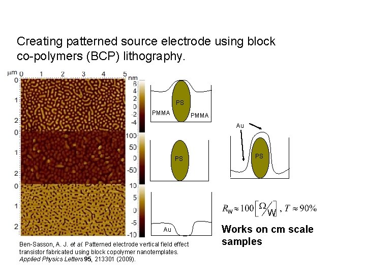 Creating patterned source electrode using block co-polymers (BCP) lithography. PS PMMA Au PS Au