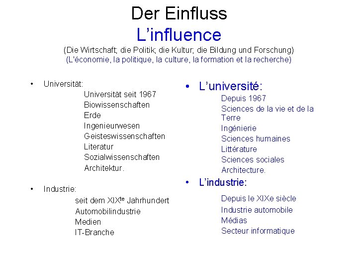 Der Einfluss L’influence (Die Wirtschaft; die Politik; die Kultur; die Bildung und Forschung) (L'économie,