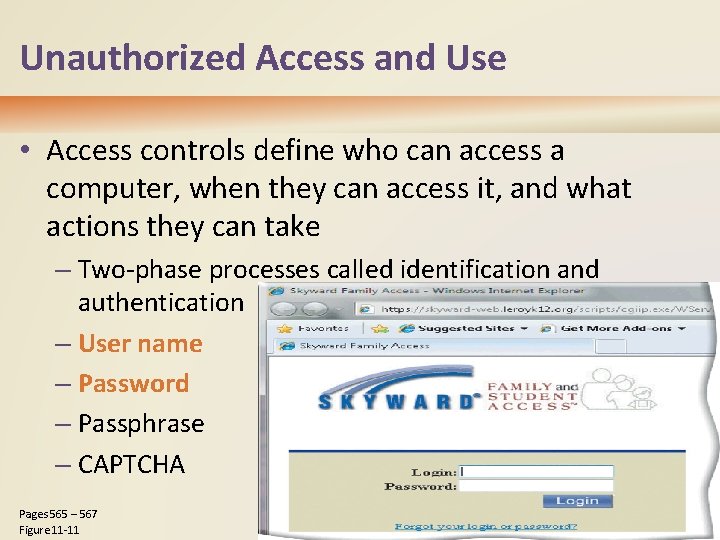 Unauthorized Access and Use • Access controls define who can access a computer, when