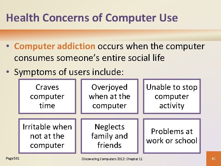 Health Concerns of Computer Use • Computer addiction occurs when the computer consumes someone’s