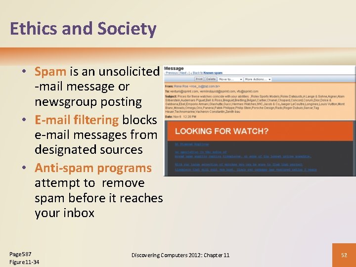 Ethics and Society • Spam is an unsolicited e -mail message or newsgroup posting