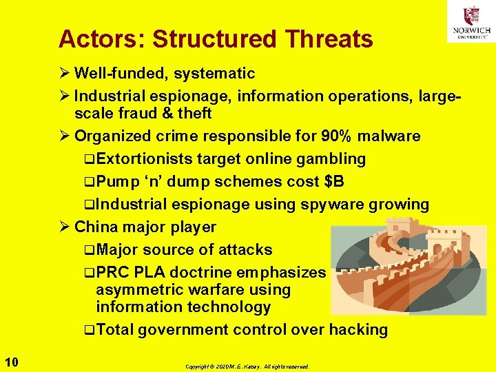 Actors: Structured Threats Ø Well-funded, systematic Ø Industrial espionage, information operations, largescale fraud &