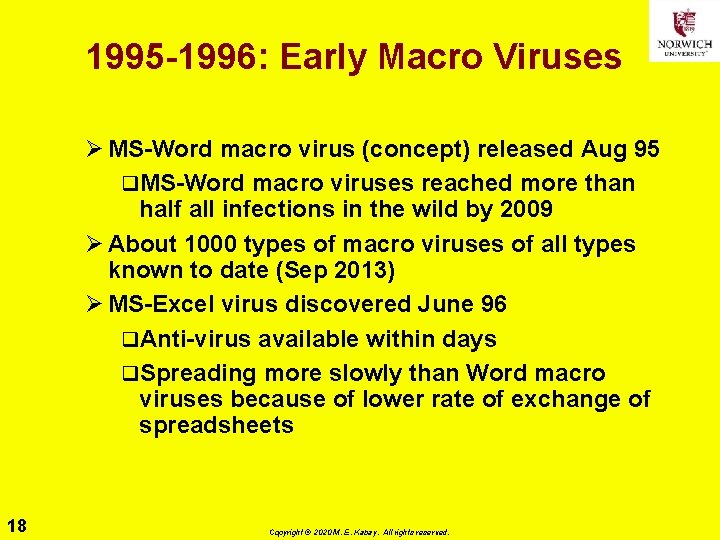 1995 -1996: Early Macro Viruses Ø MS-Word macro virus (concept) released Aug 95 q.