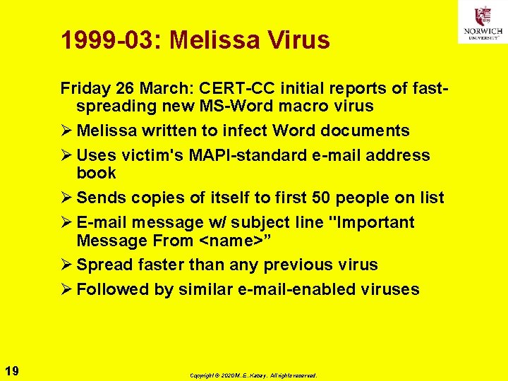 1999 -03: Melissa Virus Friday 26 March: CERT-CC initial reports of fastspreading new MS-Word