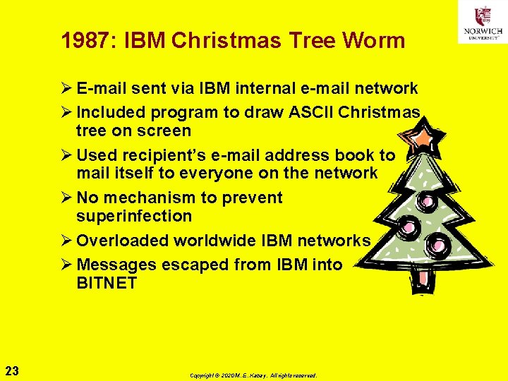 1987: IBM Christmas Tree Worm Ø E-mail sent via IBM internal e-mail network Ø