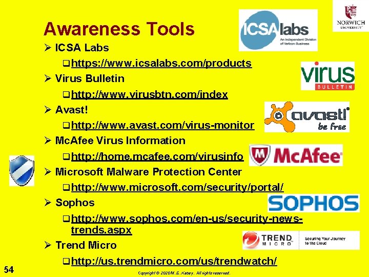 Awareness Tools 54 Ø ICSA Labs q https: //www. icsalabs. com/products Ø Virus Bulletin